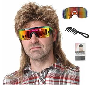 lot 22852 image: 80s Mullet Wig for Men, Brown Curly Punk Rock Wig with Sunglasses, Brown