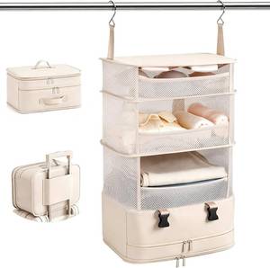 lot 22855 image: Hanging Closet Organizer, Foldable Beige Mesh Shelves with Zipper Bag