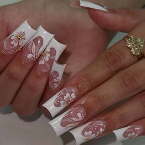 lot 22940 image: White French-On Nails, Square, Glossy Acrylic Full-Cover, Stick-On, 24Pcs