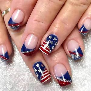 lot 22947 image: 4th of July Press-on Nails - Square, Blue Red Star, Glossy Finish, 24 Pcs