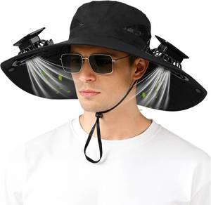 lot 22993 image: Solar Powered Fan Hat, Wide Sun Hat with 2 Solar Fans, 2-in-1 Hands-Free