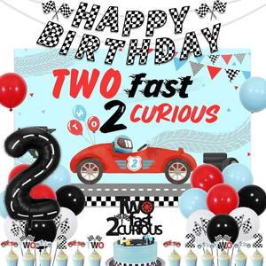 lot 22998 image: Two Fast 2 Curious Backdrop & Cake Topper, Checkered Flag Banner
