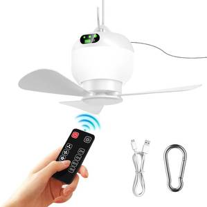 lot 22604 image: KIKVOOL Portable Camping Ceiling Fan with Light & Remote, 8000mAh, 3 Speeds