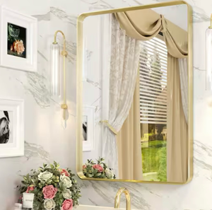 lot 5719 image: Bathroom Mirror with Gold Frame Rounded Rectangle Wall Mount - Retail $0