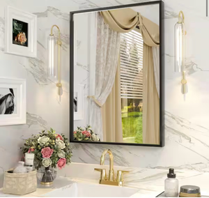 lot 5727 image: 20 in. W x 28 in. H Rectangular Aluminum Alloy Framed and Tempered Glass Wall Bathroom Vanity Mirror in Matte Black - Retail $0