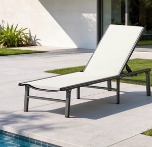 lot 5768 image: Outdoor Lounge Chair with White Sling Seat and Dark Frame (small stain) - Retail $0