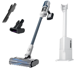 lot 5799 image: Shark Clean & Empty Cordless Stick Vacuum, White & Blue, BU3523 (used but working, can��t figure out how to charge but has all items) - Retail $0