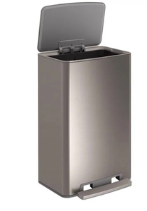 lot 5855 image: Stainless Steel Rectangular Step-On Trash Can with Lid (bottom piece is bent but fully functional) - Retail $0