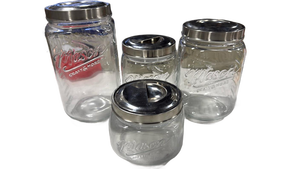 lot 5871 image: Mason Craft & More Glass Storage Jars with Metal Lids Set of 4 - Retail $0