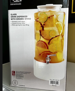 lot 5874 image: Glass Drink Dispenser with Ceramic Stand Stainless-Steel Spigot - Retail $0