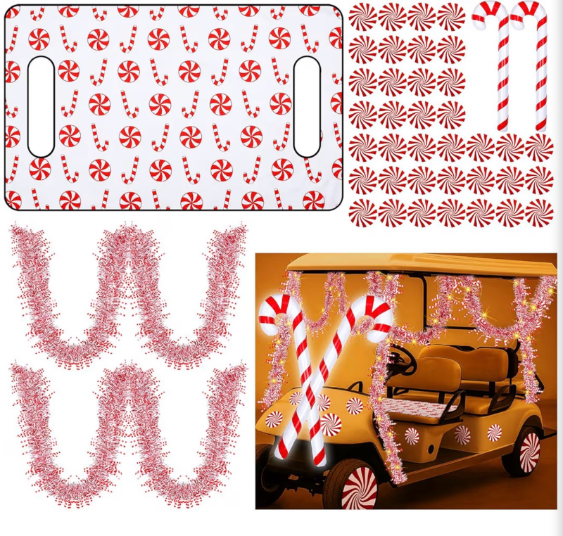 lot 4712 image: Arrowbash 16 Pcs Christmas Parade Golf Cart Decorations Kit with Light String Seat Cover Inflatable Candy Canes Lollipop Cutout 32 ft Tinsel Garland Golf Cart Parade Accessories for Xmas Holiday Party - Retail $0