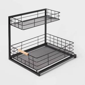 lot 5939 image: Two Tiered Metal Under Kitchen Sink Storage Organizer Black - Brightroom - Retail $30