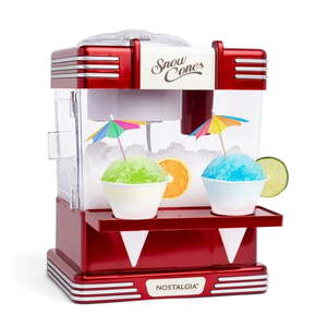 lot 5971 image: Nostalgia Snow Cone Maker  Tabletop Shaved Ice Machine with 2 Reusable Cones and Ice Scoop  Red - Retail $100