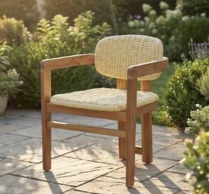 lot 27 image: Quality Craftsmanship Wicker Outdoor Lounge Chair with Natural Cushion, Weather Resistant Retails $170