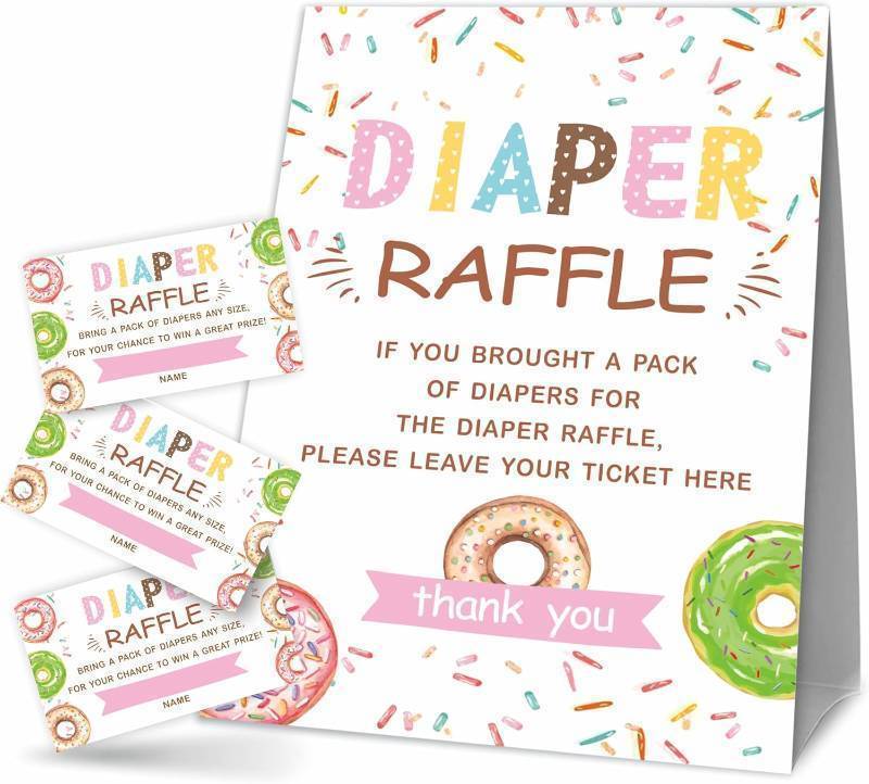 lot 67582 image: Baby Shower Games, 1 Diaper Raffle Standing Sign & 50 Tickets, Donuts & Confetti Theme - Gender Reveal, Baby Announcement, Party Decoration & Supplies-A02