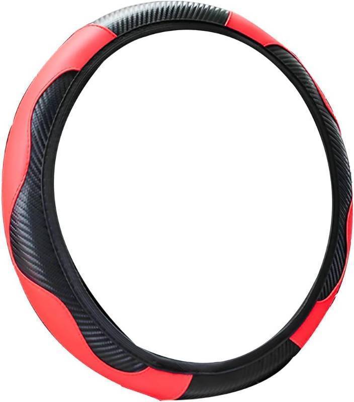 lot 67591 image: Fekey&JF 15 Inch Breathable Leather Steering Wheel Cover, BlackRed  elastic stretch fit, easy pull-on setup, full-rim coverage, fits most cars SUVs and vans, interior accessory