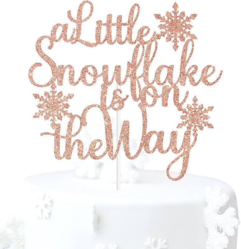 lot 67654 image: Rose Gold Glitter A Little Snowflake is on the Way Cake Topper, Winter Snowflake Chirstmas Baby Shower Babys Birthday Party Decorations Supplies