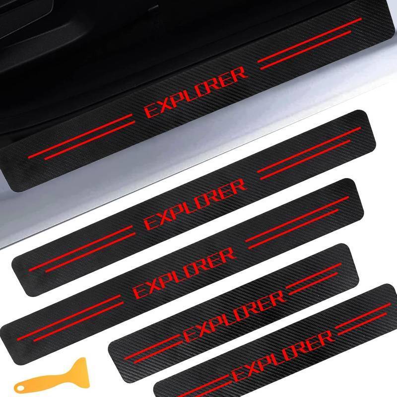 lot 67907 image: Door Sill Protectors Custom Fit for Ford Explorer, Carbon Fiber Leather FrontRear Door Sill Sticker for Explorer Accessores 2015 2016 2017 2018 2019 2020 2021 2022 2023 2024 2025 2026(Red)