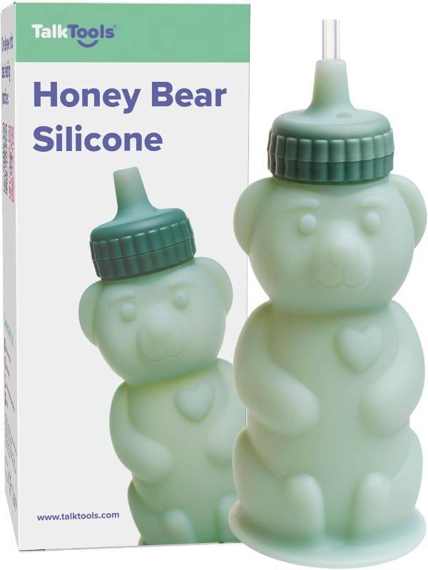 lot 69067 image: TalkTools Honey Bear Silicone Straw Cup, Dishwasher Safe Baby Drinking Bottle, Premium Food-Grade Material, Honeybear Sippy Cup for Ages 4 Months, Kids and Toddlers (Single 8oz) (Sage)