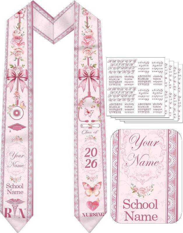 lot 69572 image: Class of 2026 Nursing Graduation Stole - Unisex Adult Stethoscope Floral Design, Gift for Nurses and RN Graduate