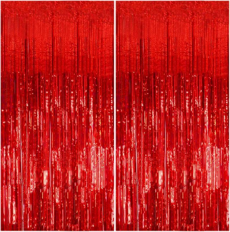 lot 69611 image: 2 Pack Foil Curtain Backdrop Red Metallic Tinsel Foil Fringe Curtains Photo Booth Props for Birthday Wedding Engagement Baby Shower Bachelorette Christmas Holiday Celebration Party Decorations