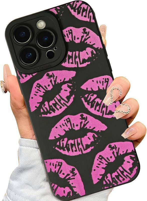 lot 69651 image: Case for iPhone 16 Pro(6.3 inchs), Cute Lipstick Kisses Blooms Design Soft TPU Shockproof Protective for Women Girls Phone Cover - Hot Pink Lips Print