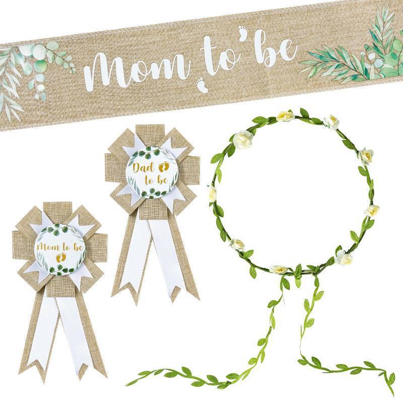 lot 69654 image: R HORSE 5Pcs Neutral Burlap Mom to Be Sash Dad to Be Pin