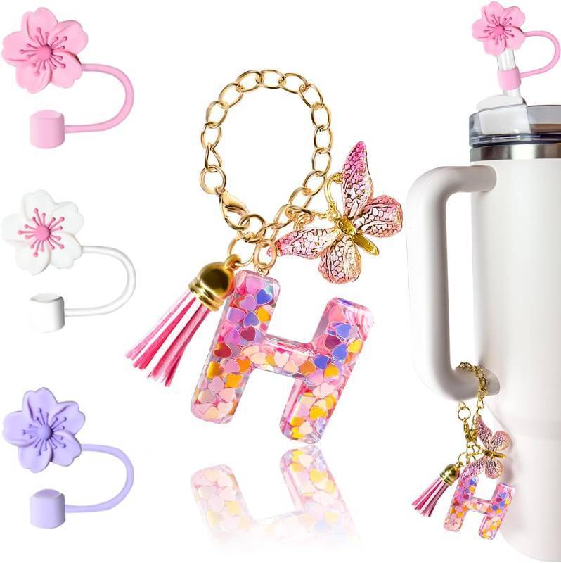 lot 69662 image: Compatible with Stanley Cup Accessories, Letter Charm and 3Pcs Silicone Straw Cover, 0.4 10MM Straw Toppers for Stanley 30 40 oz Tumbler, Pink Initial Letter Charm with Butterfly and Tassel (H)