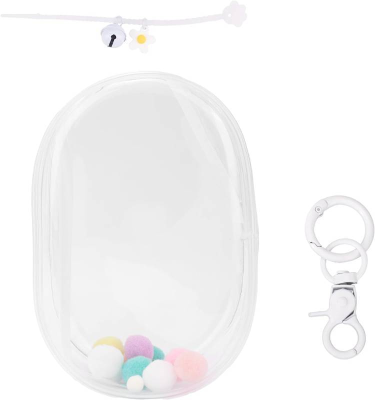 lot 67896 image: Display Bag for Dolls, PVC Waterproof Clear Figure Display Case Cover Holder with Keychain, Pompoms & Silicone Rope Bell Carrying Protective Bag Charm Accessories for Dolls Collectibles (White)