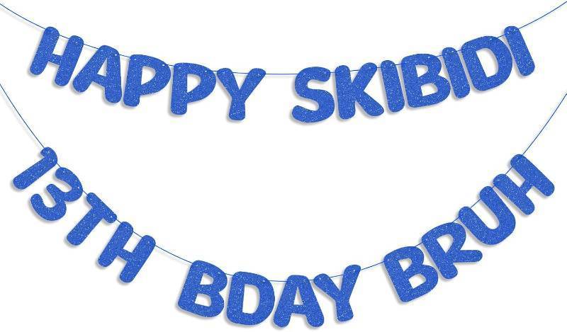 lot 67975 image: Epakh Pre Strung Happy Skibidi 13th Bday Bruh Glitter Banner Dark Blue 13th Birthday Party Decorations Funny Birthday Sign Party Favors Supplies