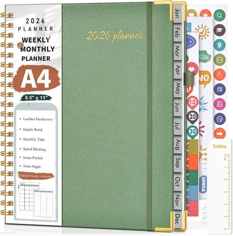 lot 69036 image: 2026 Planner, Weekly and Monthly Calendar Planner from January 2026 - December 2026, 8.5 x 11 Hardcover Leather Hourly Appointment Book with Tabs, Spiral Daily Planners for School Work Home, Green