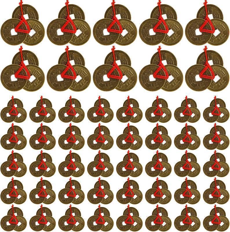 lot 64013 image: Peohud 150 Pieces Chinese Fortune Coins, 1 Inch Feng Shui Coins, Ancient Chinese Dynasty Coin with Red String for Chinese Lunar New Year Wealth, Good luck, and Success, 50 Sets Coins