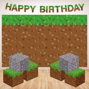 lot 66553 image: Pixel Birthday Party Decoration Kits Happy Birthday Party Supplies Pixel Game Theme Set Supplies with String Flag Grass Background Banner and Green Brown Boxes for Kids Video Game Parties Decors