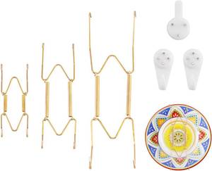 lot 66557 image: 3 Pack Plate Hangers for Wall, 468 Inch Invisible Plate Hanger Stainless Steel Plates Walls Hanger with Wall Hooks, Plate Holders for Displaying Wall, Platter, Art Dish, Picture(Gold)