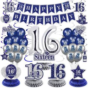 lot 66573 image: Blue 16th Birthday Decorations for Boys Girls, 47Pcs Navy Blue Silver Happy 16th Birthday Banner Balloons Honeycomb Centerpiece Hanging Swirls Kit for Cheer to 16 Years Old Party Supplies Decor