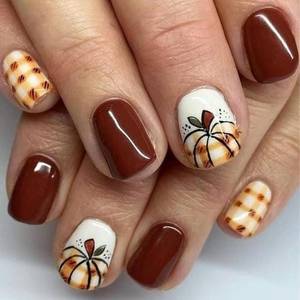 lot 66592 image: 1 Fall Press on Nails Short Square SWEKKE Fake Nails Brown False Nails with Pumpkin Plaid Designs Full Cover Glossy Glue on Nail Full Cover Acrylic Nail for Women Girls 24Pcs