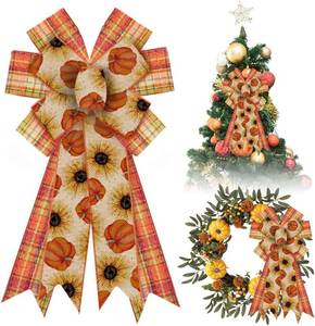 lot 66599 image: Large Estivaux Fall Bows for Wreaths - Thanksgiving Day Decorations in Natural Burlap, Orange Buffalo Plaid, Autumn Flowers