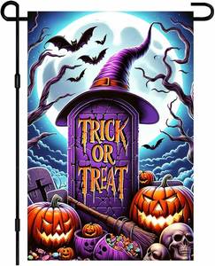 lot 66609 image: BlissYard Halloween Lawn Flag Trick Treat Witch Hat 12x18 Inch Polyester