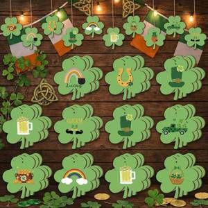 lot 66610 image: Threehoney 30 Pcs St. Patricks Day Shamrock Hanging Ornaments 4 Inch Lucky Clover Wooden Cutouts for Small Tree Green Shamrock Wood Decorations with Rope for Irish Saint Pattys Day Home Party Decor