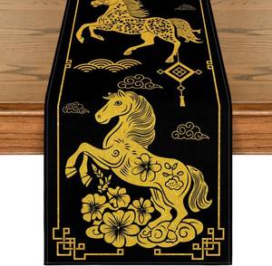 lot 66625 image: 13 x 60, Table Runner Artoid Mode Black Golden Chinese Zodiac Horse 2026 Happy Lunar New Year Table Runner, Spring Festival Winter Kitchen Dining Table Decoration for Home Party 13x72 Inch