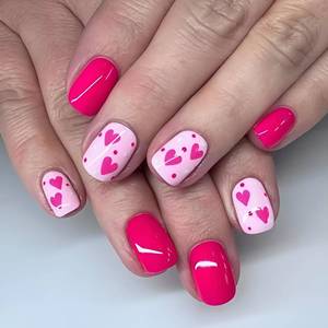 lot 66646 image: Valentines Press on Nails Short Square Fake Nails Pink Heart Nails Press Ons Holiday Stick on Nails Glossy Full Cover False Nails Pink Glue on Nails for Women and Girls Decorations Set 24Pcs