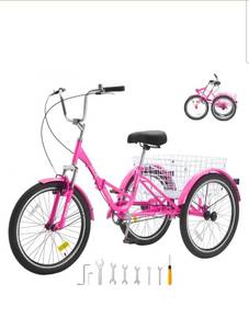 VEVOR Folding Adult Tricycle, 26-Inch Adult Folding Trikes, Carbon Steel 3 Wheel Cruiser Bike with Large Basket & Adjustable Seat, Shopping Picnic Foldable Tricycles for Women, Men, Seniors (Pink) - Retail: $236