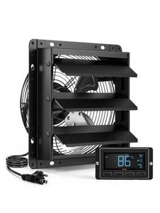 lot 18887 image: VEVOR 10 Inch Shutter Exhaust Fan Wall Mounted Automatic Louvers EC Motor, Steel Housing, Temperature & Humidity Controller, Ventilation & Cooling for Attic, Garage, Barn, Greenhouse, Workshop, Black - Retail $86