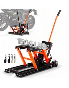 lot 18903 image: VEVOR Steel Hydraulic Motorcycle Jack Stand, 1500 LBS ATV Scissor Lift Jack, 4.7-15 Scissor Lift Jack Stand with 4 Wheels, Hydraulic Foot-Operated Hoist Stand for Motorcycle ATV UTV Powersports - Retail $120