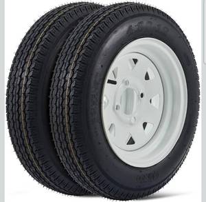 lot 18910 image: 2 Pack 4.80-12 4.80x12 480-12 4.80-12 Trailer Tires with 12 Rims, 4 Lug on 4, Load Range C 6PR - Retail $99