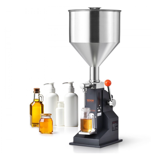 lot 18919 image: VEVOR Manual Paste Liquid Filling Machine, 5-100ml Bottle Filler, Adjustable Bottle Filling Machine, Stainless Steel Liquid Filler with Hopper for Milk Water Juice Essential Oil Shampoo Cosmetic Honey - Retail $125