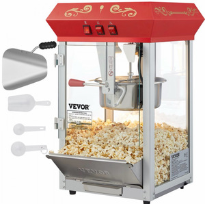 lot 18922 image: VEVOR Popcorn Maker, 850W Popcorn Popper Machine, 8 Oz Kettle Makes 48 Cups per Batch, Countertop Popcorn Maker with Tempered Glass, Includes 4 Scoops, Movie Theater Style, Red - Retail $149