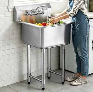 lot 18924 image: VEVOR Stainless Steel Prep & Utility Sink, 1 Compartment Free Standing Small Sink Include Faucet & legs, 21x41 Commercial Single Bowl Sinks for Garage, Restaurant, Kitchen, Laundry - Retail $269