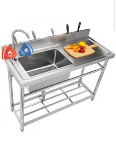 lot 18927 image: VEVOR Stainless Steel Utility Sink, Free Standing Single Bowl Commercial Kitchen Sink Set wWorkbench, 47 x 19.7 x 37.4 in Commercial Single Bowl Sinks for Garage, Restaurant, Laundry - Retail $363
