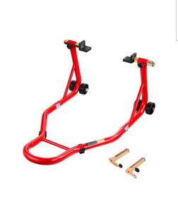lot 18930 image: VEVOR Motorcycle Rear Wheel Stand, 850 LBS Load Capacity Heavy Duty Rear Wheel Stand with U  L Fork Swingarm Spool, Adjustabe Motorcycle Lift Jack Stand, for Suzuki Yamaha Honda Kawasaki, Red - Retail $45